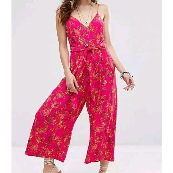 Free People Women's Hot Tropics Pink Floral Cropped Wide Leg Jumpsuit Size 2 - Picture 9 of 12